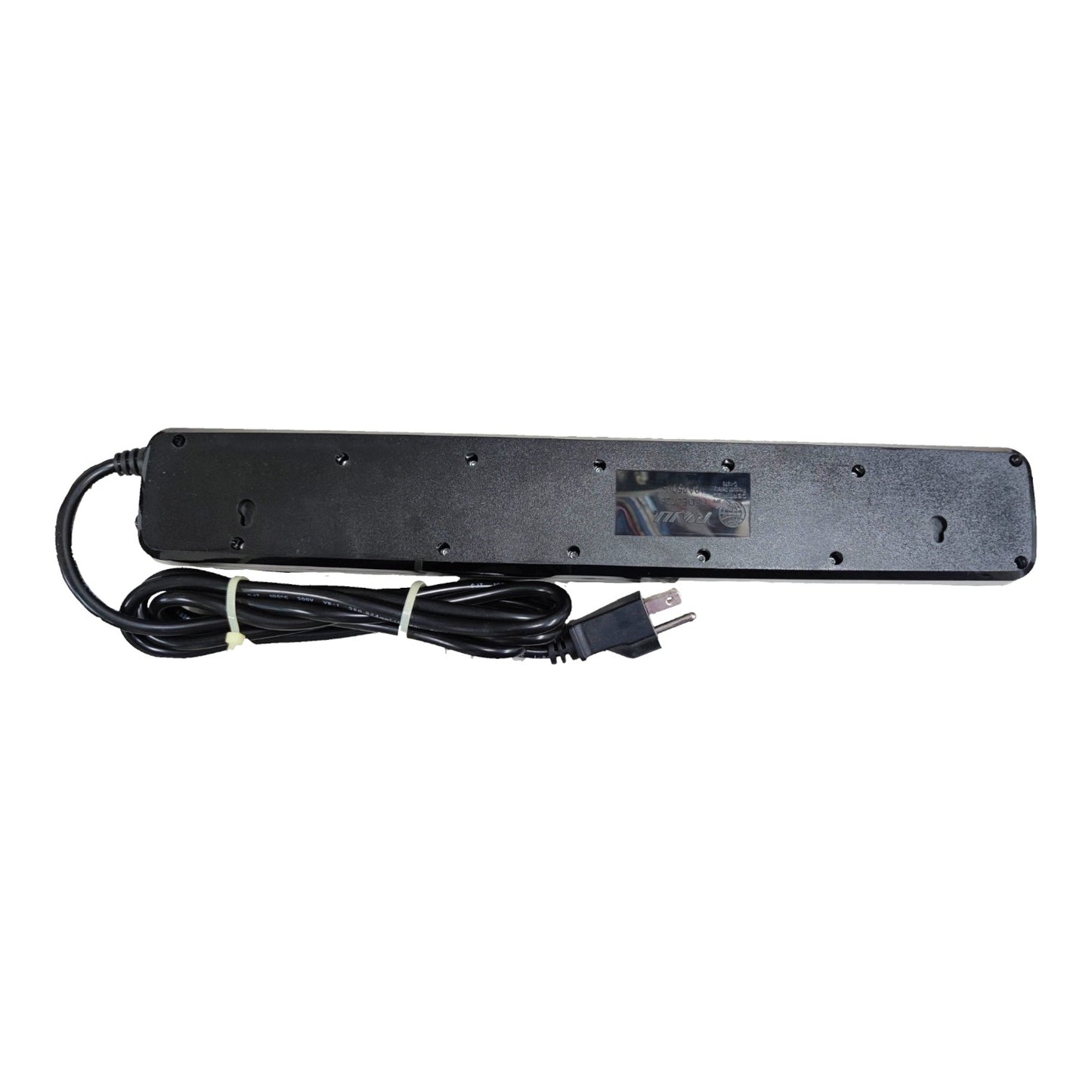 A black rectangular power strip with a coiled black power cord and a two-prong plug, photographed on a plain white background.