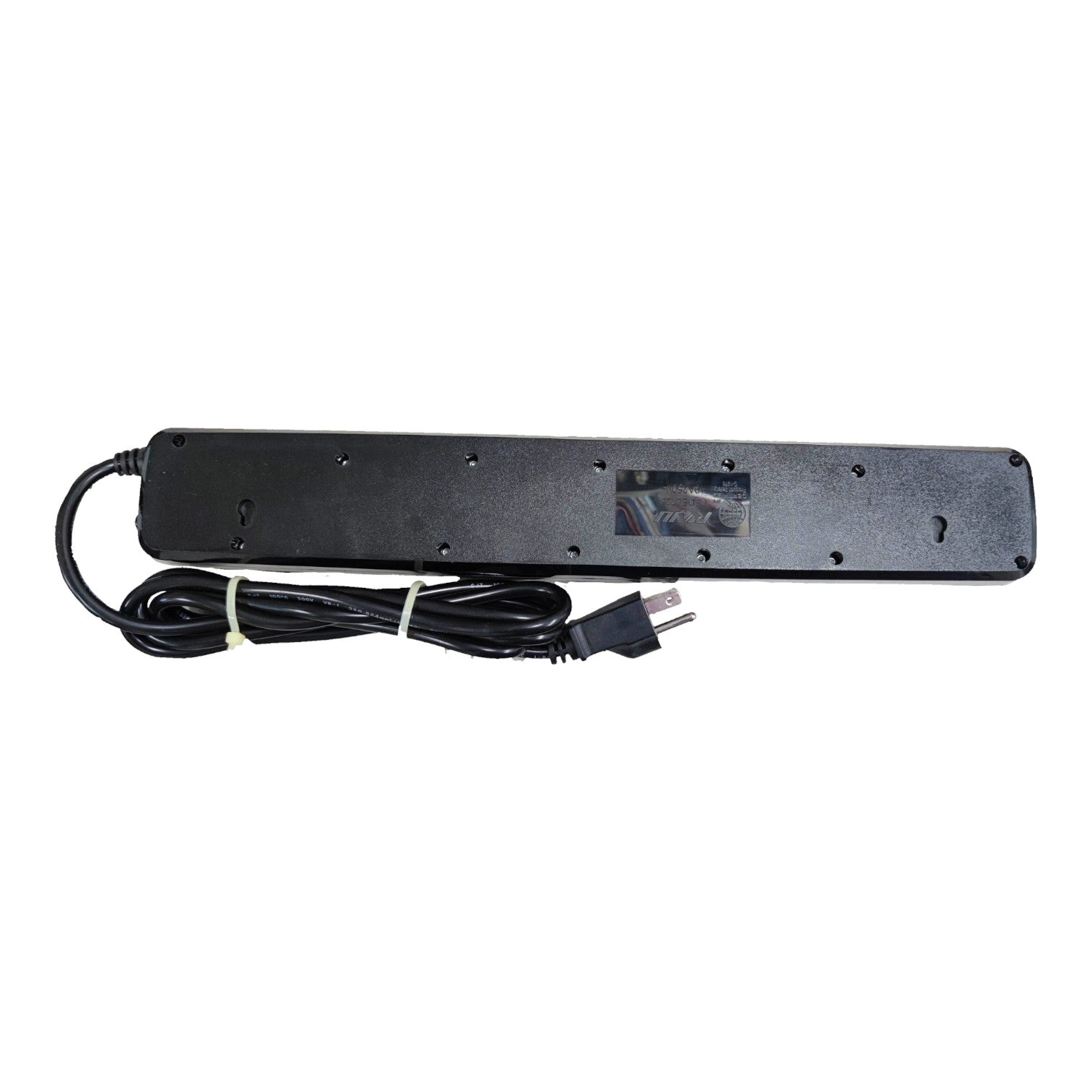 A black rectangular power strip with a coiled black power cord and a two-prong plug, photographed on a plain white background.