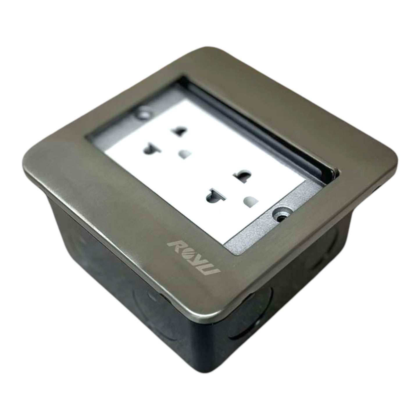 A square outdoor waterproof electrical outlet socket cover with a brushed metal faceplate and a white dual-socket face, branded with 'ROVI' on the front, set against a plain white background.