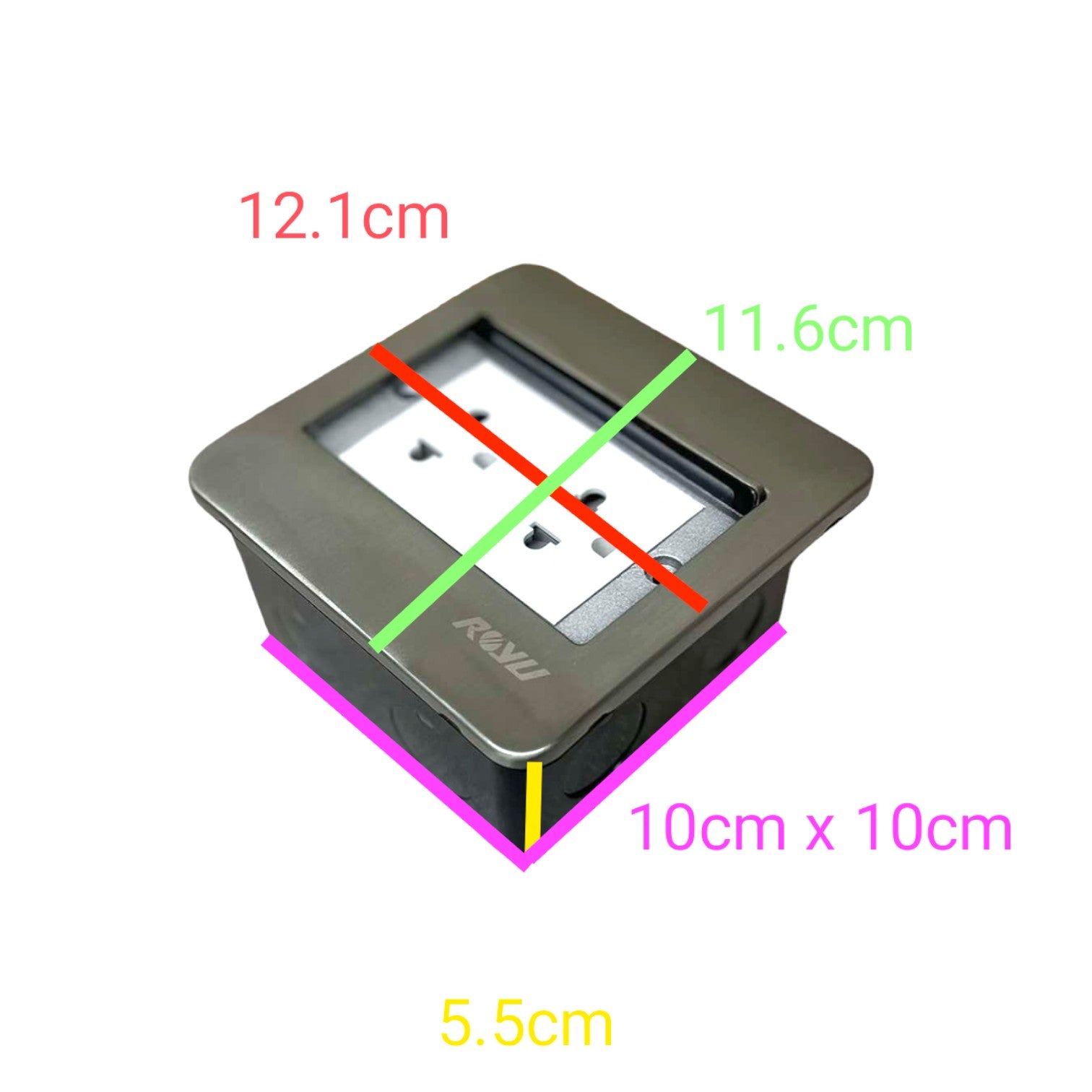A square wall outlet or socket cover shown on a white background with overlaid dimension labels in red, green, pink, yellow, and black text indicating measurements such as 12.1cm, 11.