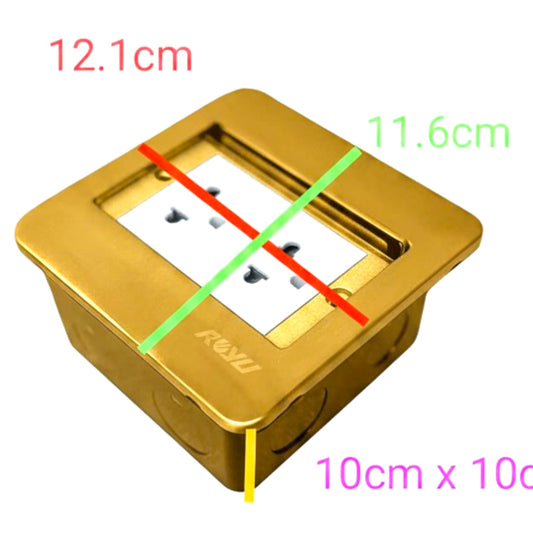 Gold-colored wall outlet socket cover with dimension markings showing 12.1cm, 11.6cm, and 10cm x 10cm on a white background.