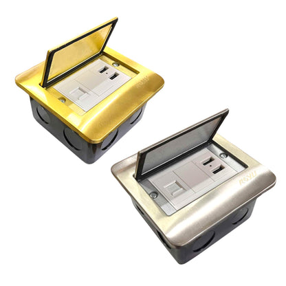 Two pop-up duplex outlet covers shown on a white background, one in metallic gold and one in metallic silver, both with black junction boxes.