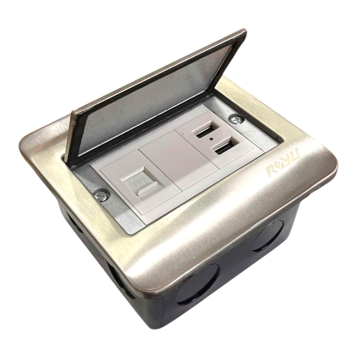 A modern outdoor duplex outlet cover with integrated USB-C and USB-A ports, featuring a brushed metal faceplate, a hinged cover that is open to reveal the outlets, and a black base box. The brand name 'ROKU' is visible on the top right.
