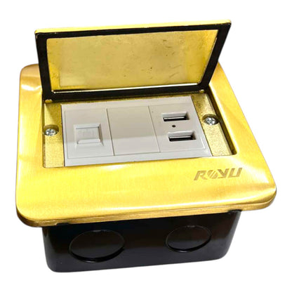 A gold and black outdoor electrical outlet box with an open lid, featuring a white dual GFCI outlet and two USB-C ports on the top panel, with the brand name 'RULU' printed on the side.