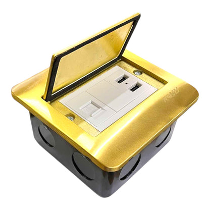 A gold and black outdoor electrical outlet cover with its lid open, revealing a white outlet socket inside, isolated on a white background.