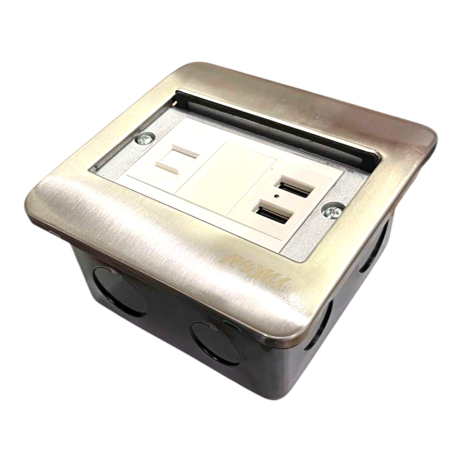 A square metal electrical outlet cover with an integrated US outlet and two USB-C ports, set against a plain white background.