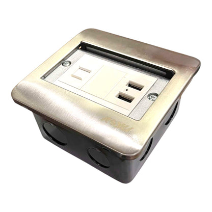A square metal electrical outlet cover with an integrated US outlet and two USB-C ports, set against a plain white background.