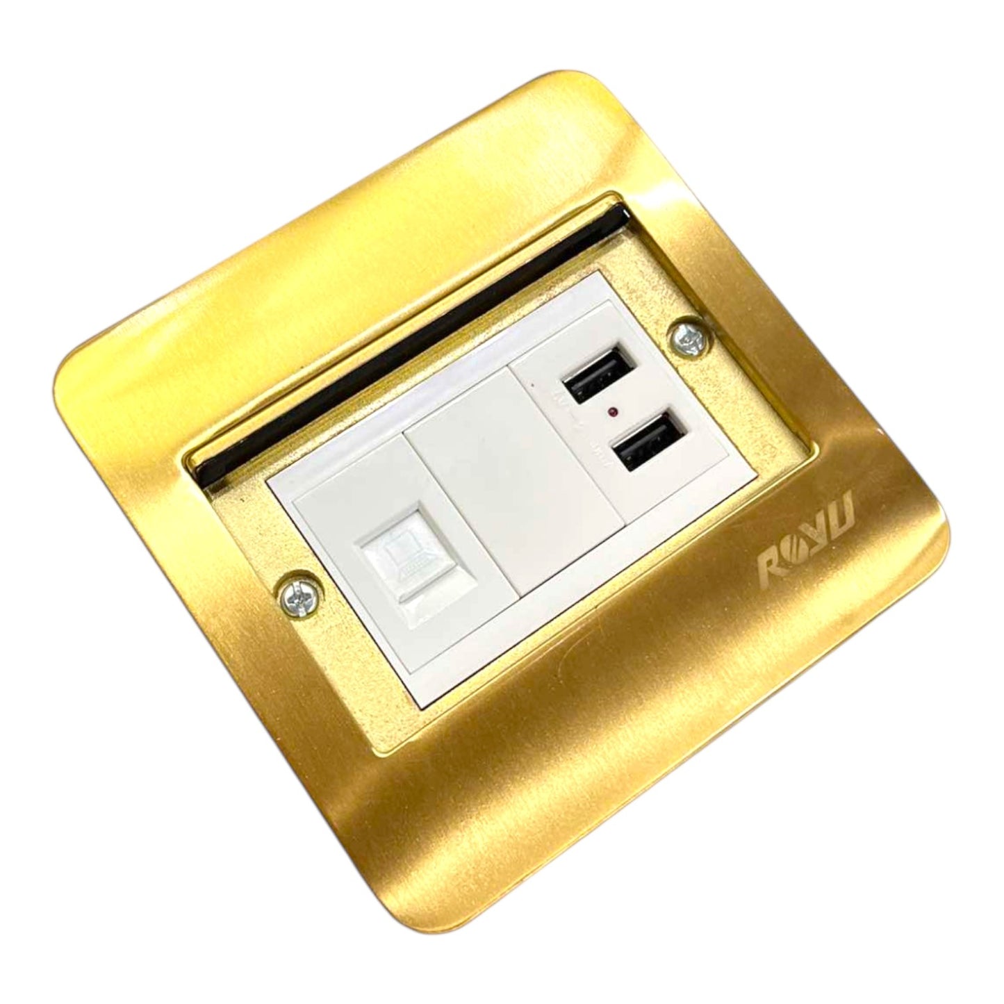 A modern wall outlet cover plate in a brushed gold finish, featuring a white double socket and two USB-A ports on the front, with the brand name 'RNUU' debossed on the bottom right.