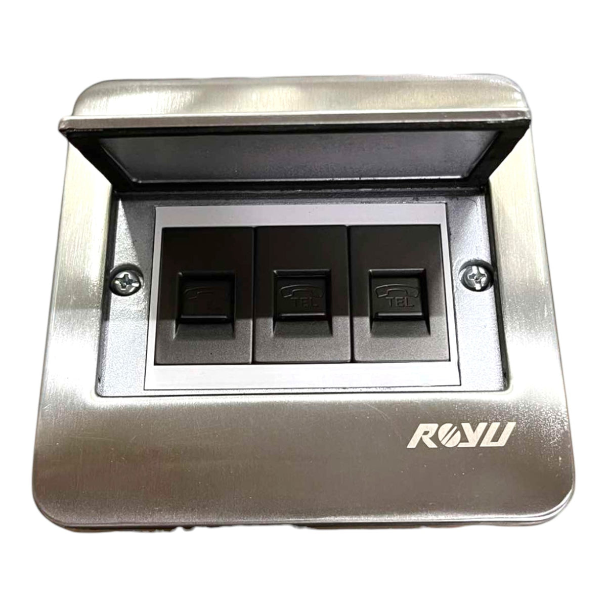 A three-way light switch wall plate with an open pop-up cover, featuring three black rocker switches set in a brushed silver metal faceplate with the ROYU brand logo.