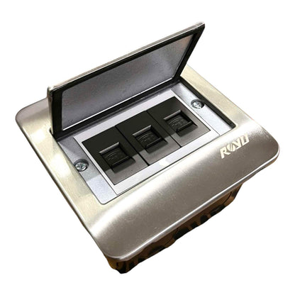 A marine three-way toggle switch panel with a brushed silver metal housing and a hinged cover that is open, showing three black rocker switches. The brand name 'RND' is visible on the front right.