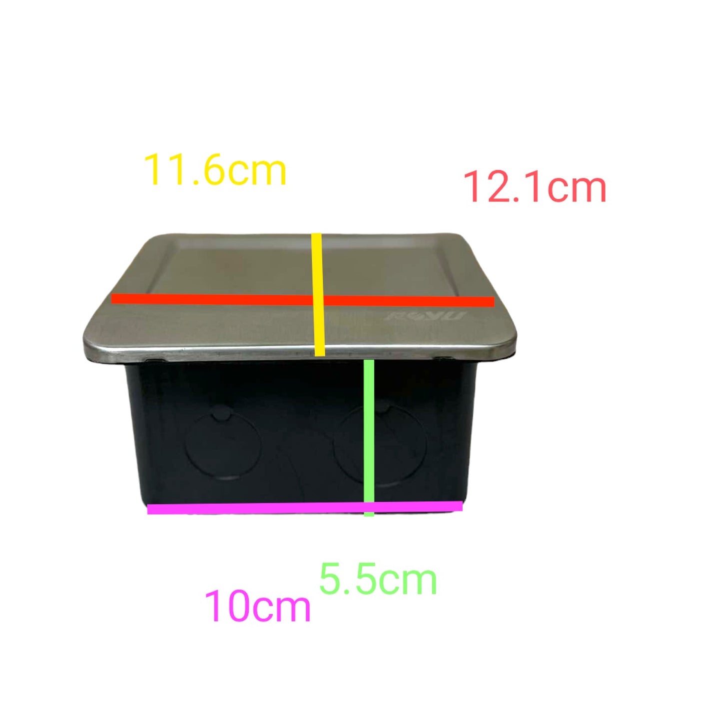 A black plastic storage bin with a gray lid, overlaid with colored measurement lines and text showing dimensions of 11.6cm, 12.