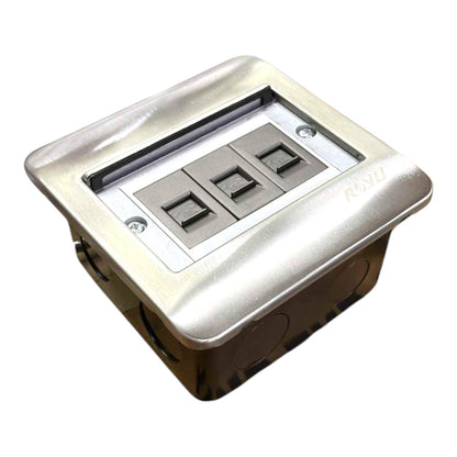 A three-gang outdoor waterproof switch panel with a brushed silver metal faceplate and a dark gray recessed backbox.