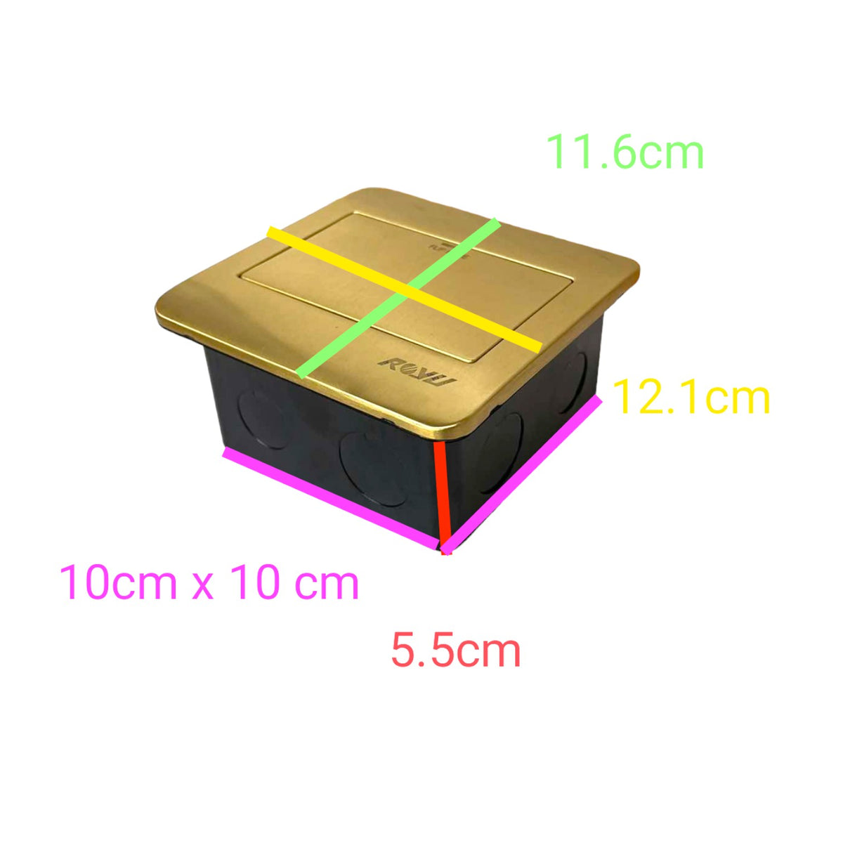 A square black electrical junction box with a metallic gold lid, shown with overlaid dimension labels and colored measurement lines on a white background.