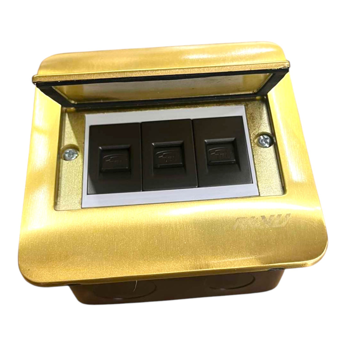 A three-button electrical switch panel with a brushed gold metal faceplate, a hinged transparent lid, and three black rocker switches on a white backing, shown against a plain white background.