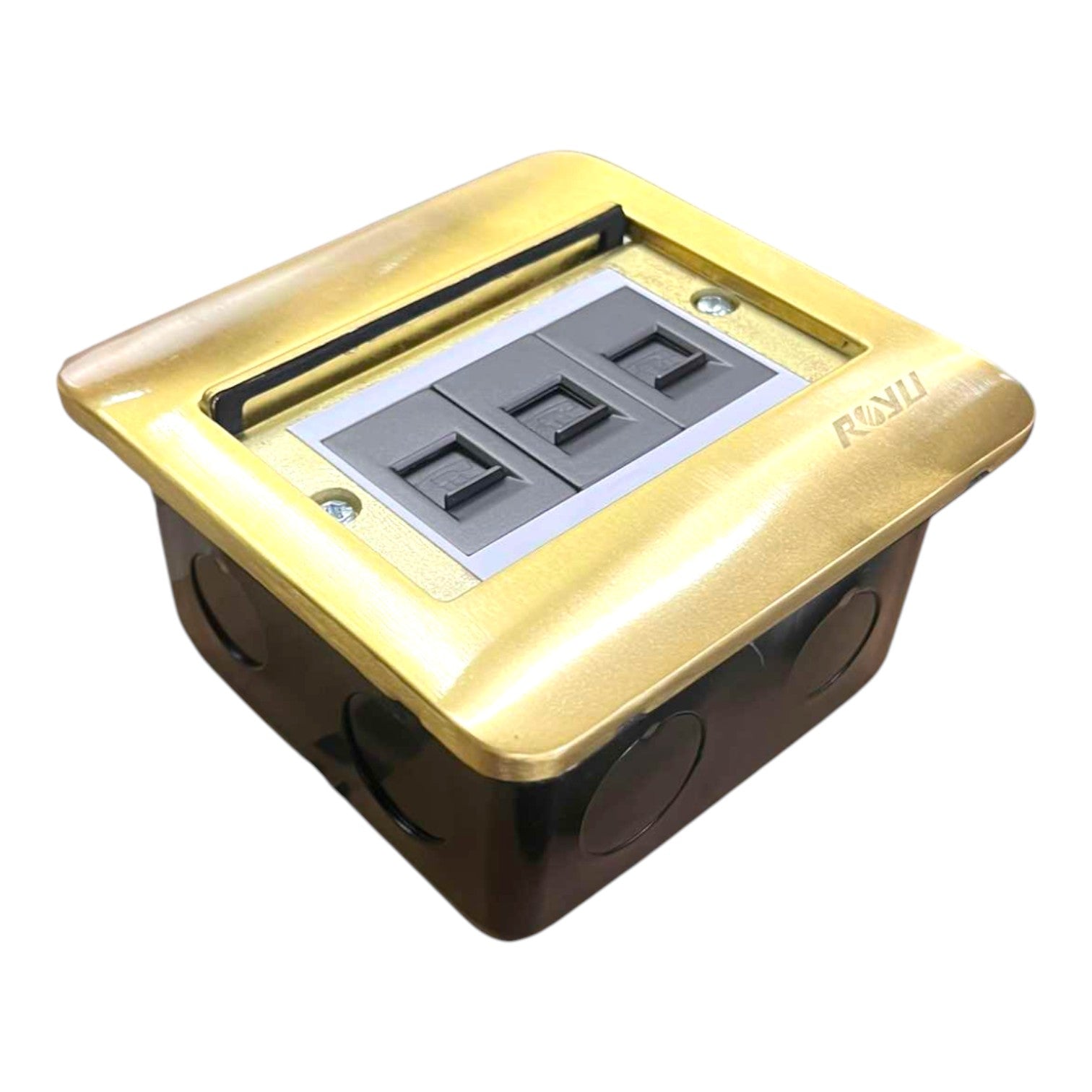 A waterproof electrical outlet box with a gold-colored top cover and a black junction box base, featuring three GFCI-style outlets on the front.