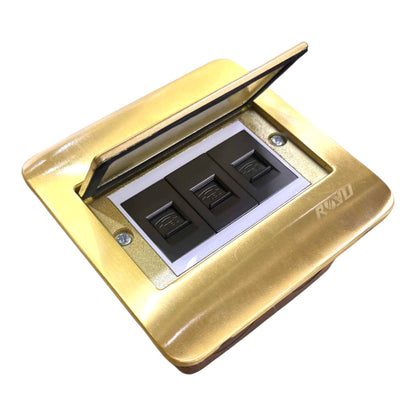 A gold-colored outdoor waterproof three-way switch socket with its protective lid open, showing three black rocker switches on a white backing plate. The brand name 'RWD' is embossed on the bottom right corner.