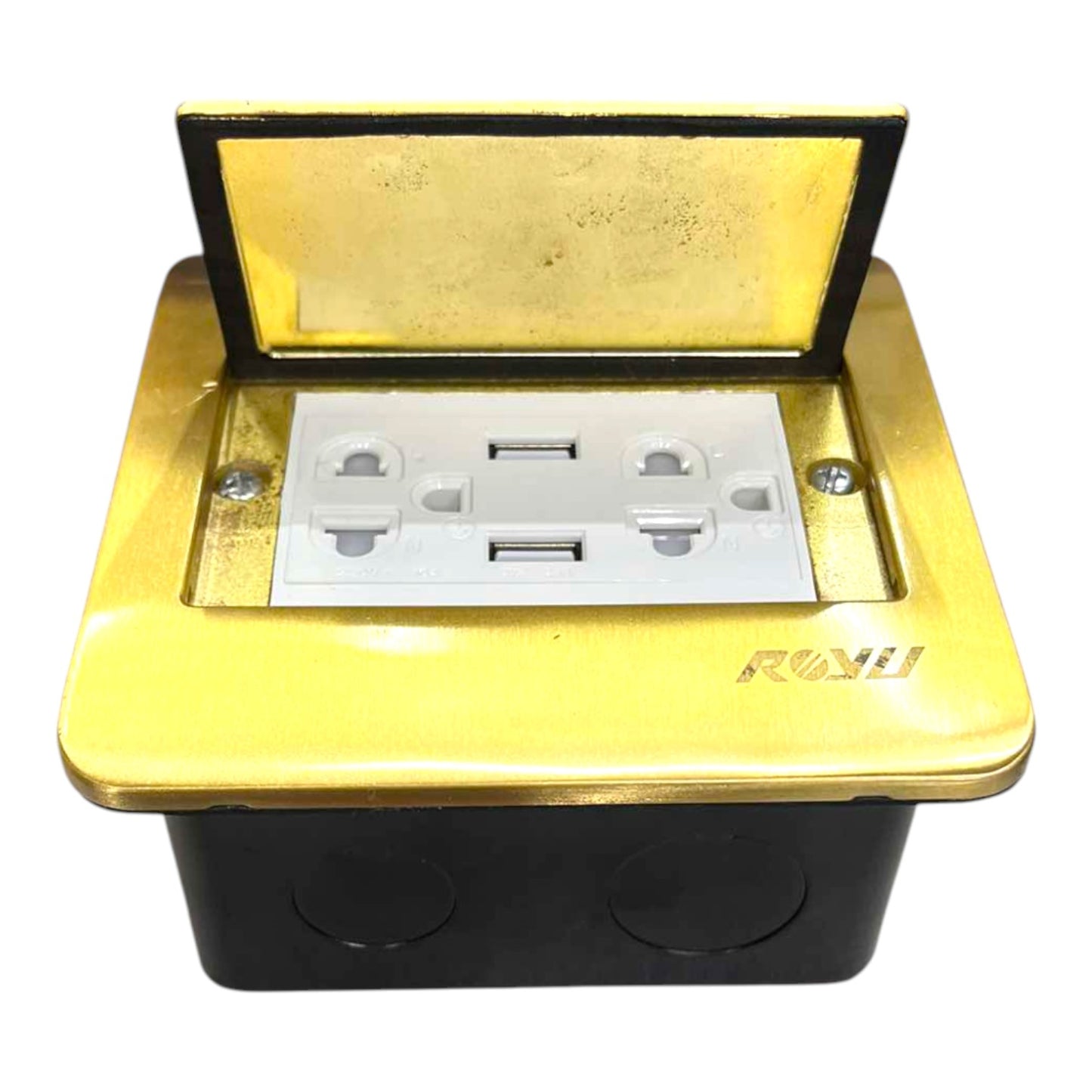 A waterproof outdoor duplex outlet box with a gold-colored top cover and a black base. The lid is open, revealing a white duplex outlet socket inside, with the brand name 'ROKU' printed on the front right side.