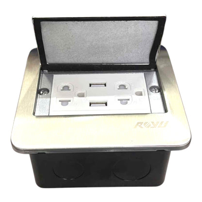 A 3-way RV power outlet duplex outlet with a pop-up cover, featuring a brushed stainless steel faceplate, silver internal sockets, and a black plastic base.