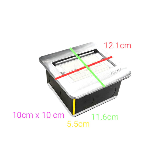 A square metal electrical outlet cover shown on a white background with overlaid dimension labels and colored measurement lines indicating 12.1 cm, 10 cm x 10 cm, 11.