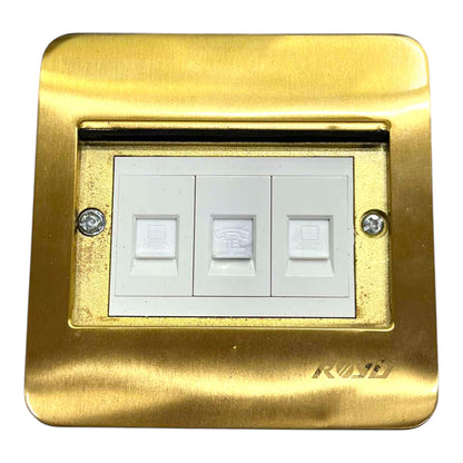 A three-button light switch plate with white buttons set into a brushed gold metal faceplate, featuring a recessed design and the brand name 'ROND' embossed on the bottom right.