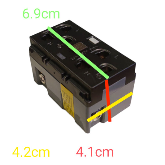 A black electrical contactor or relay component on a white background with colored measurement lines and text labels showing dimensions 6.9cm, 4.