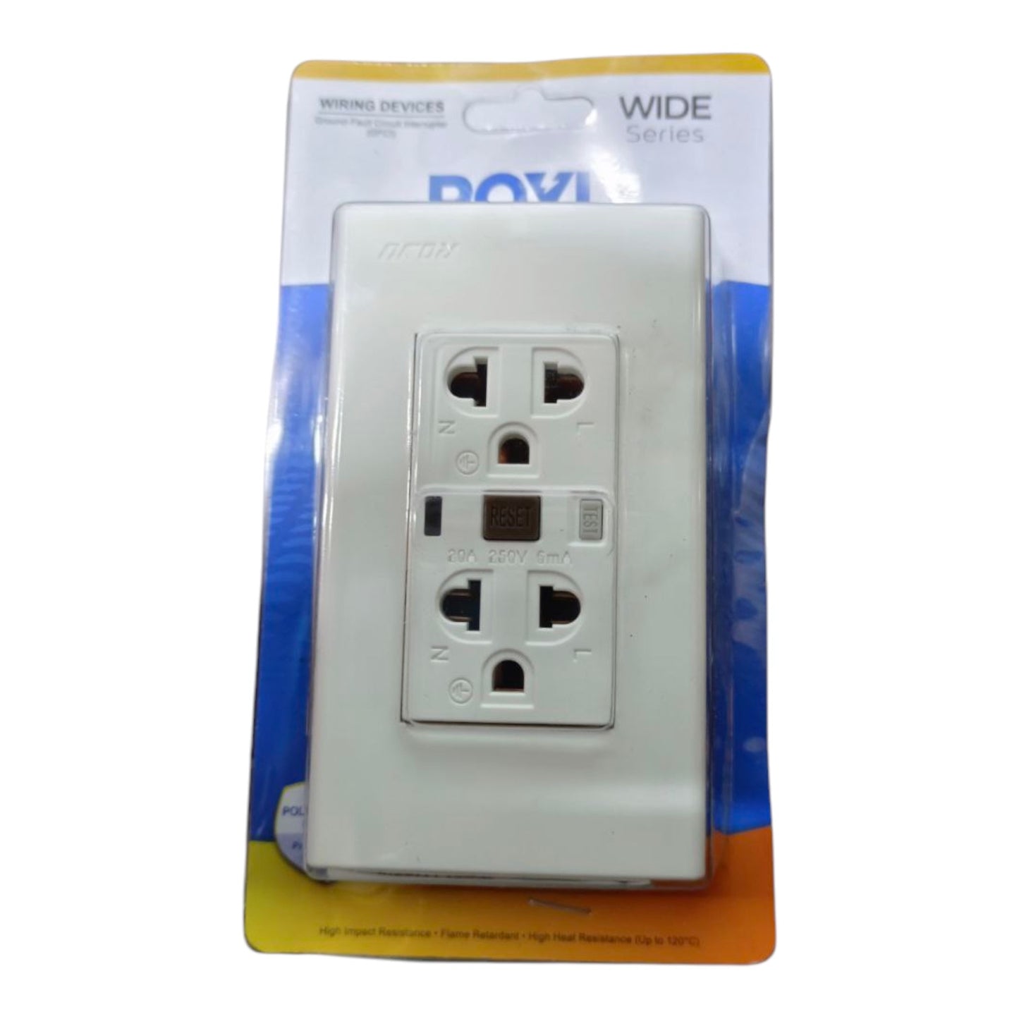 A white double electrical outlet package on a blue and yellow cardboard backing, photographed against a plain white background.