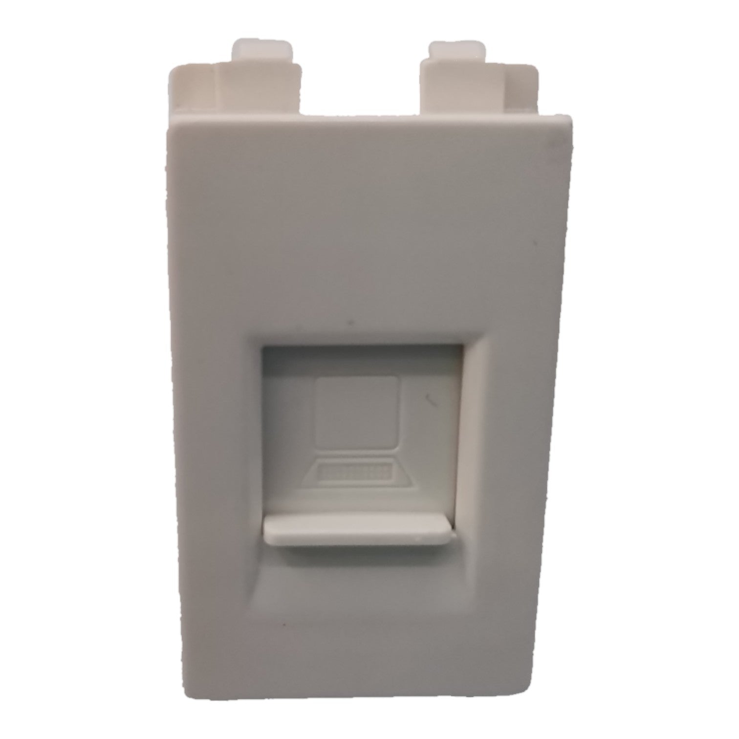 A white plastic RJ45 network jack cover or faceplate insert, shown from the front against a plain white background.