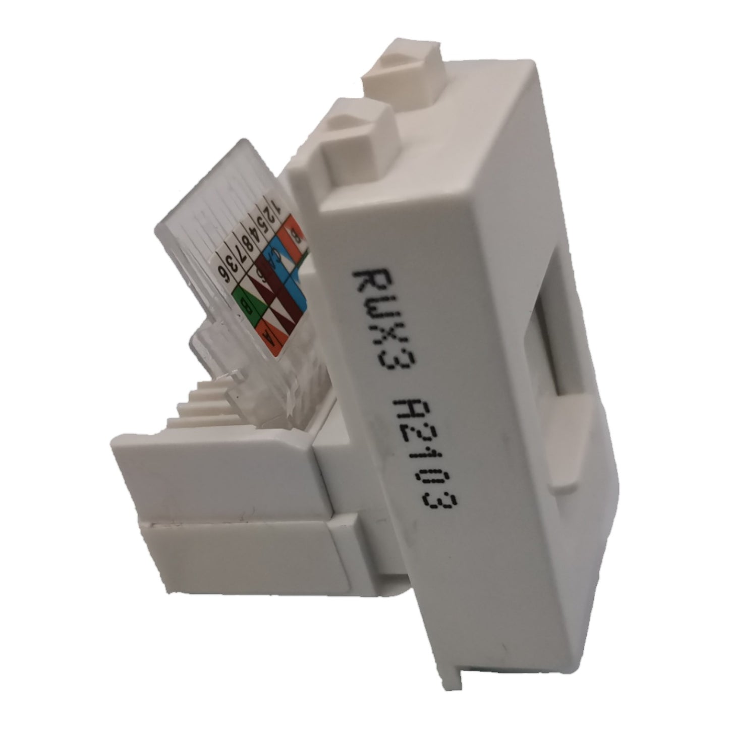 White RJ45 Ethernet network connector with a multi-color wire shield visible inside, featuring printed black text 'RUX3 R2103' on the side, isolated on a white background.