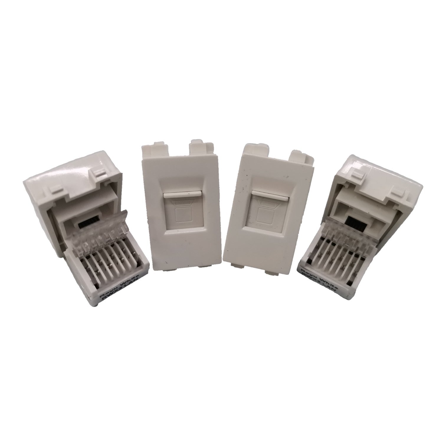 Four white RJ45 network module connectors shown on a plain white background, with two closed and two open to display the internal pin layout.