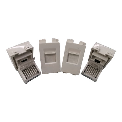 Four white RJ45 network module connectors shown on a plain white background, with two closed and two open to display the internal pin layout.