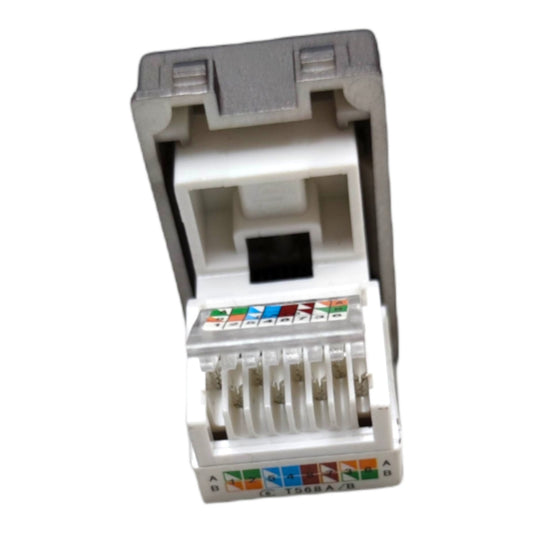 RJ45 network module with 8-pin connector, showing the internal wiring and colored pin labels on a white background.