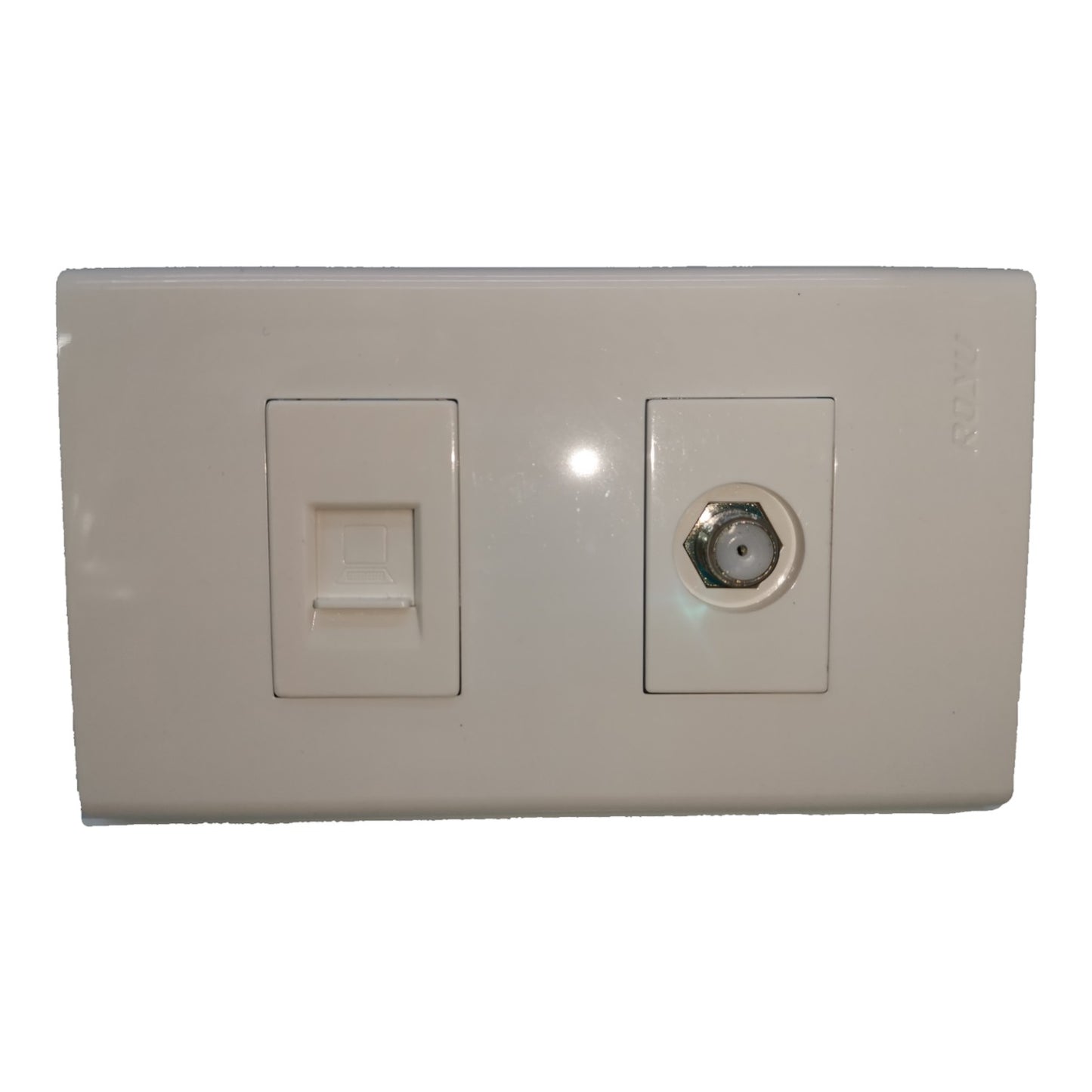 A beige wall-mounted dual-port network jack plate featuring a RJ45 port on the left and a coaxial TV/SAT-V port on the right, set against a plain white background.