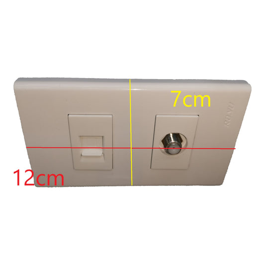 A white wall switch plate with a light switch and a round outlet cover, overlaid with red, yellow, and green measurement lines and text indicating dimensions of 12cm, 7cm, and 10cm.