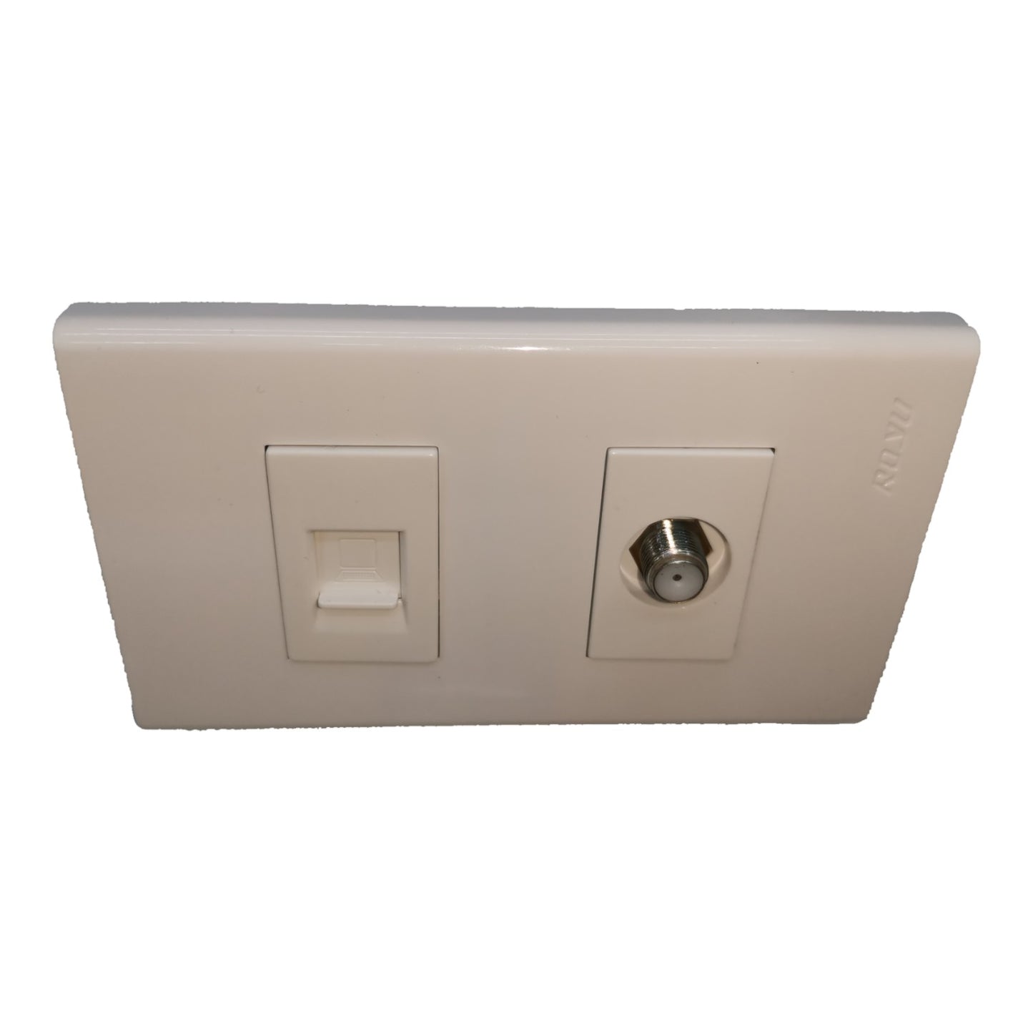 A dual-gang wall switch plate featuring a white rocker switch on the left and a silver push-button socket on the right, set against a plain white background.