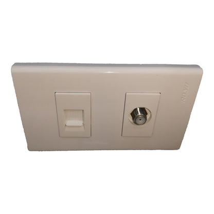 A dual-gang wall switch plate featuring a white rocker switch on the left and a silver push-button socket on the right, set against a plain white background.