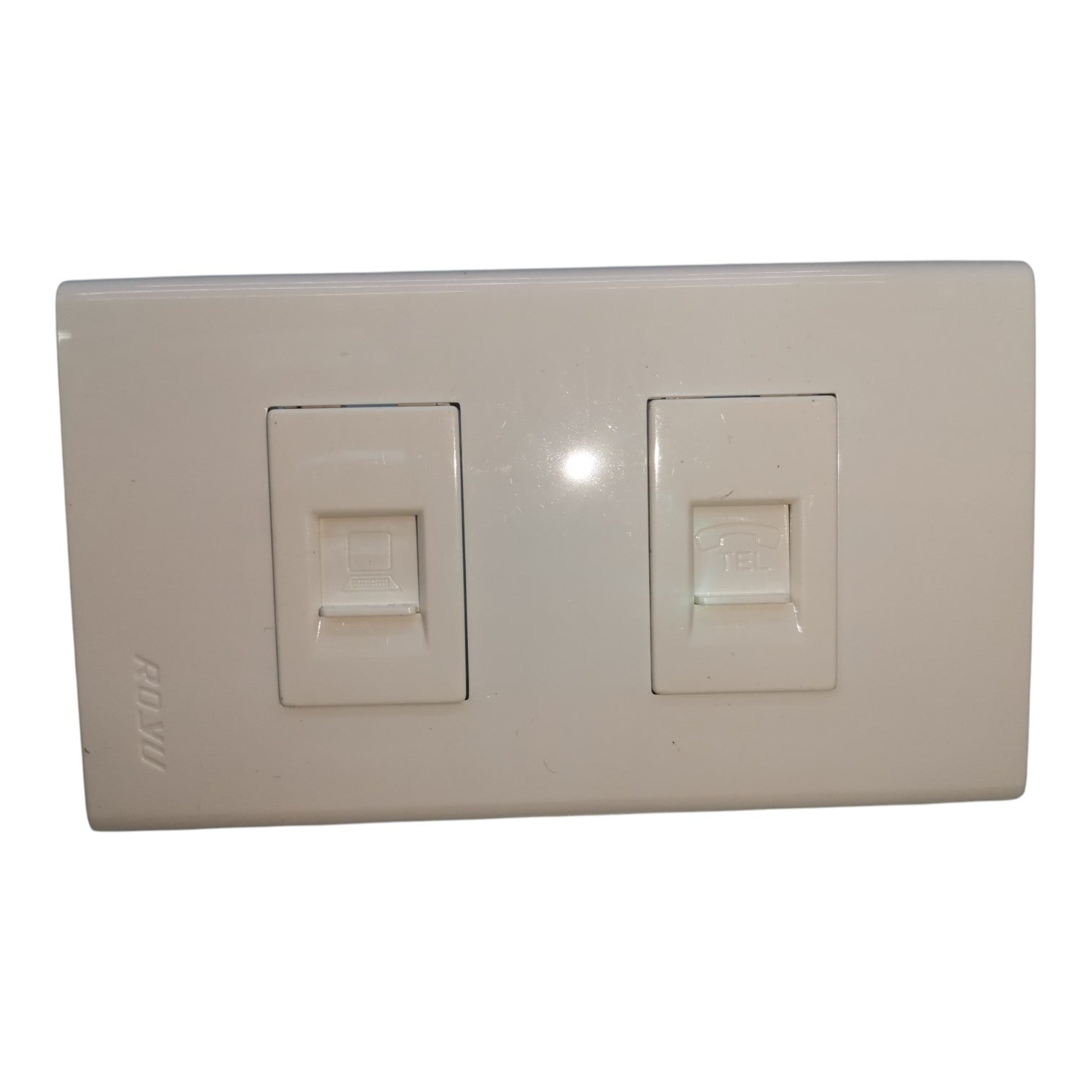 A dual RJ45 network jack wall plate in a warm off-white plastic finish, featuring two square ports with a glossy finish and a small 'HOMY' brand mark on the left side.