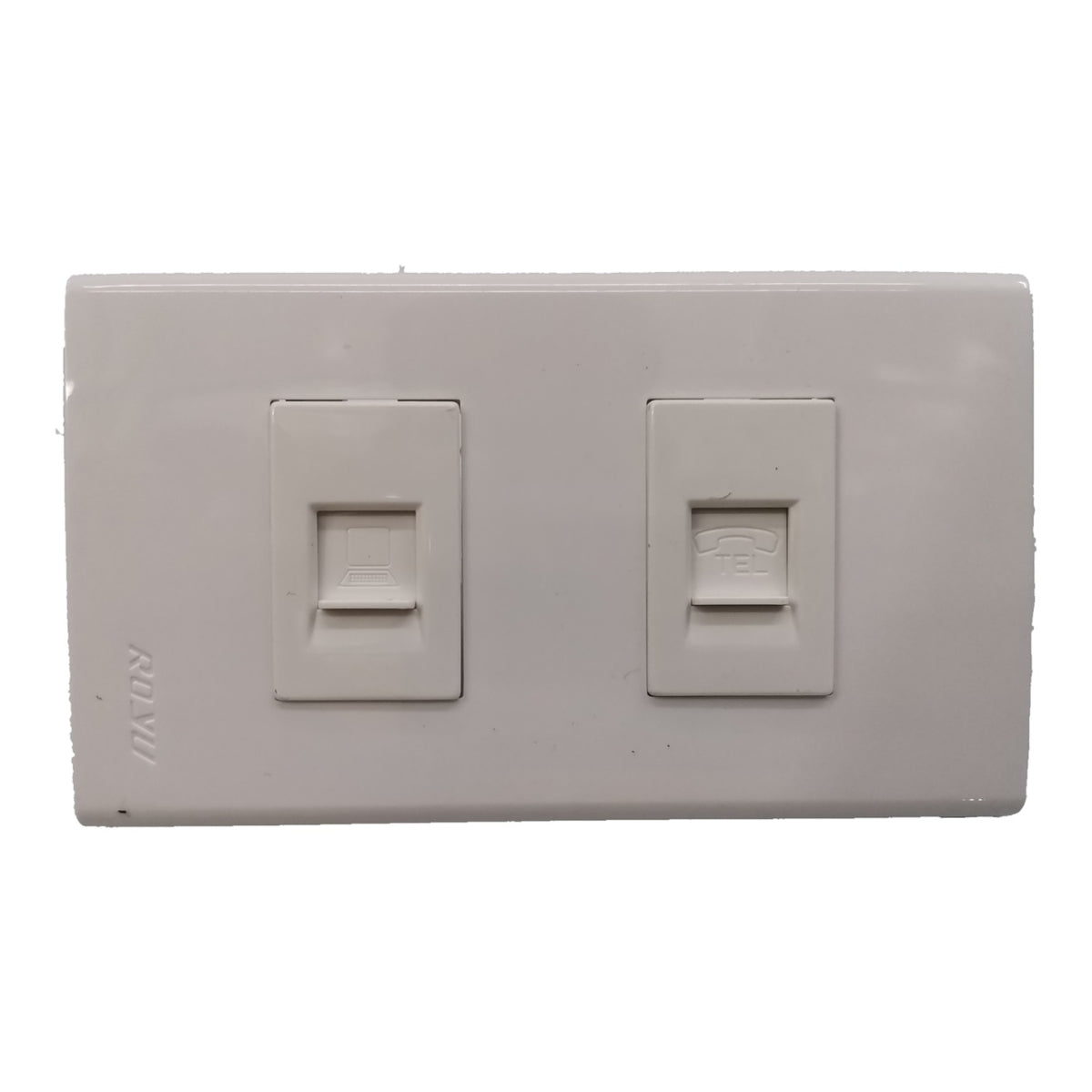 A dual RJ45 network wall switch plate cover in a light gray plastic finish, shown against a plain white background.