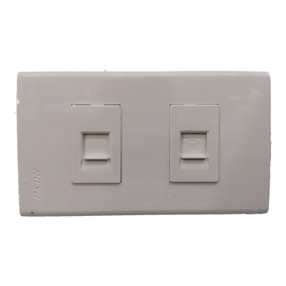 A dual RJ45 network wall switch plate cover in a light gray plastic finish, shown against a plain white background.