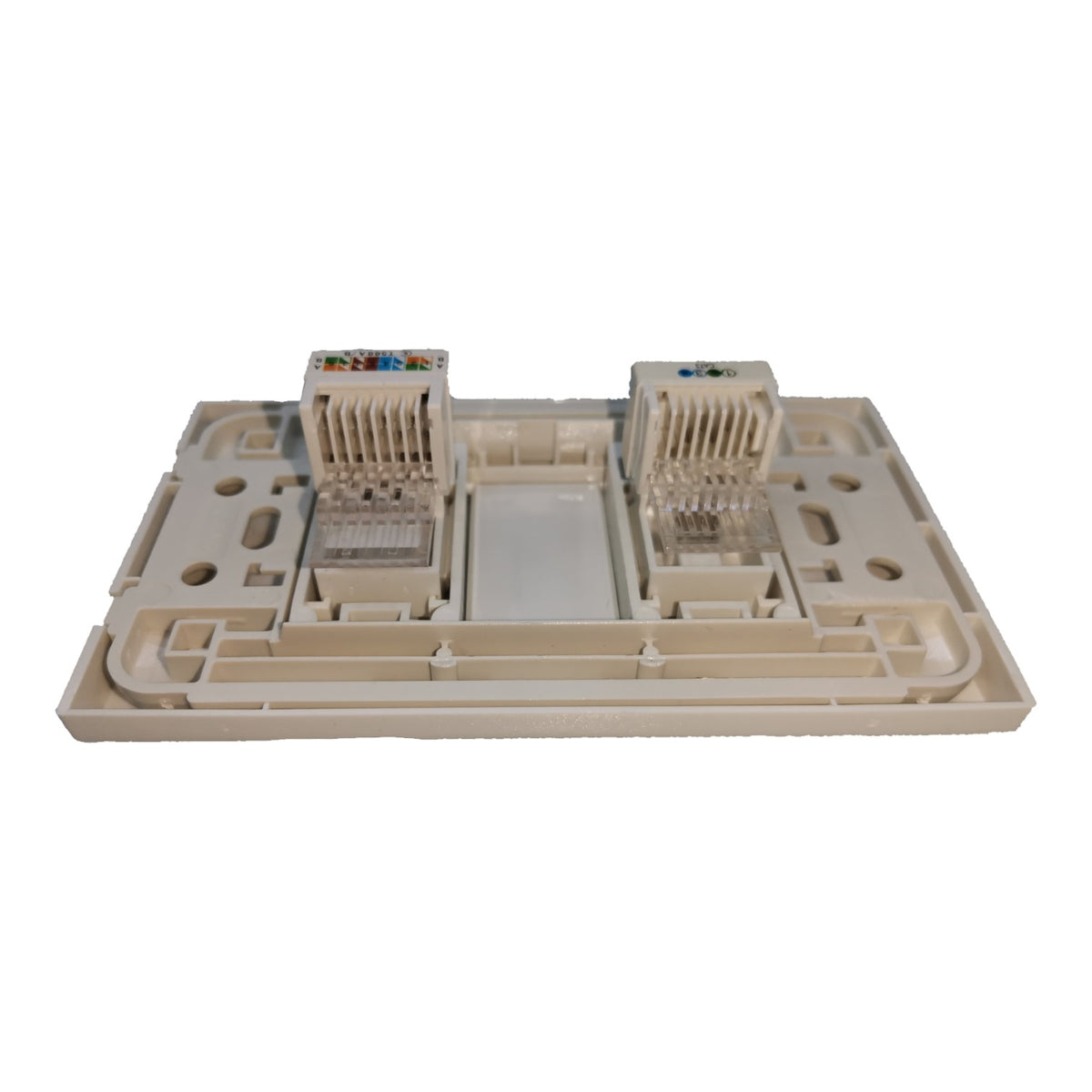 A beige plastic RJ45 network patch panel connector block with two 8-port modular connectors on a plain white background.