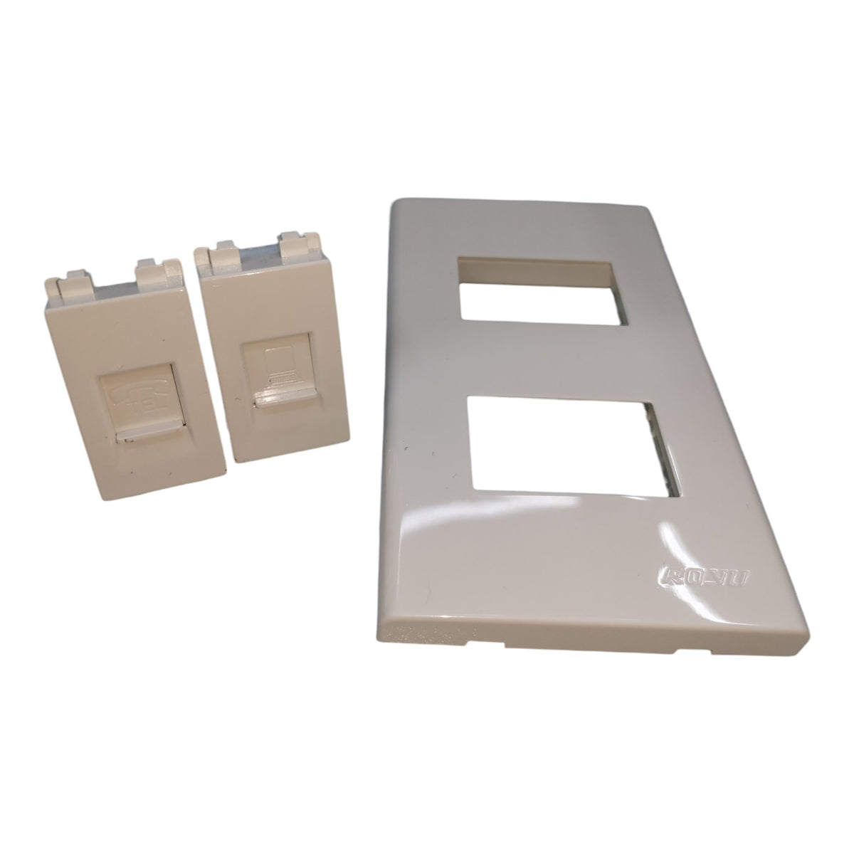 A set of beige RJ45 network jack covers, including two individual jack housings and one larger faceplate cover, shown on a plain white background.
