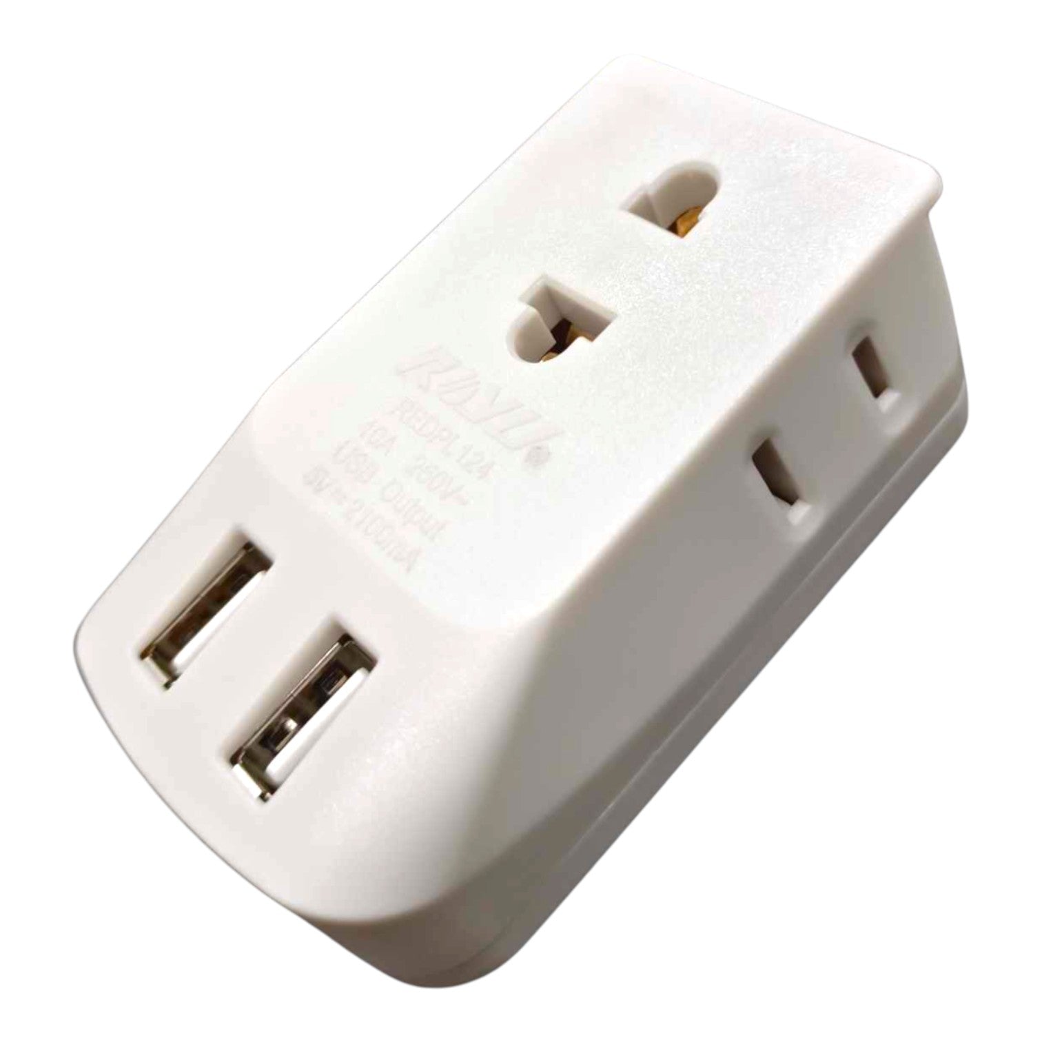 A white multi-port USB charger plug adapter with two USB-A ports on the front and two USB-C ports on the side, shown on a plain white background.