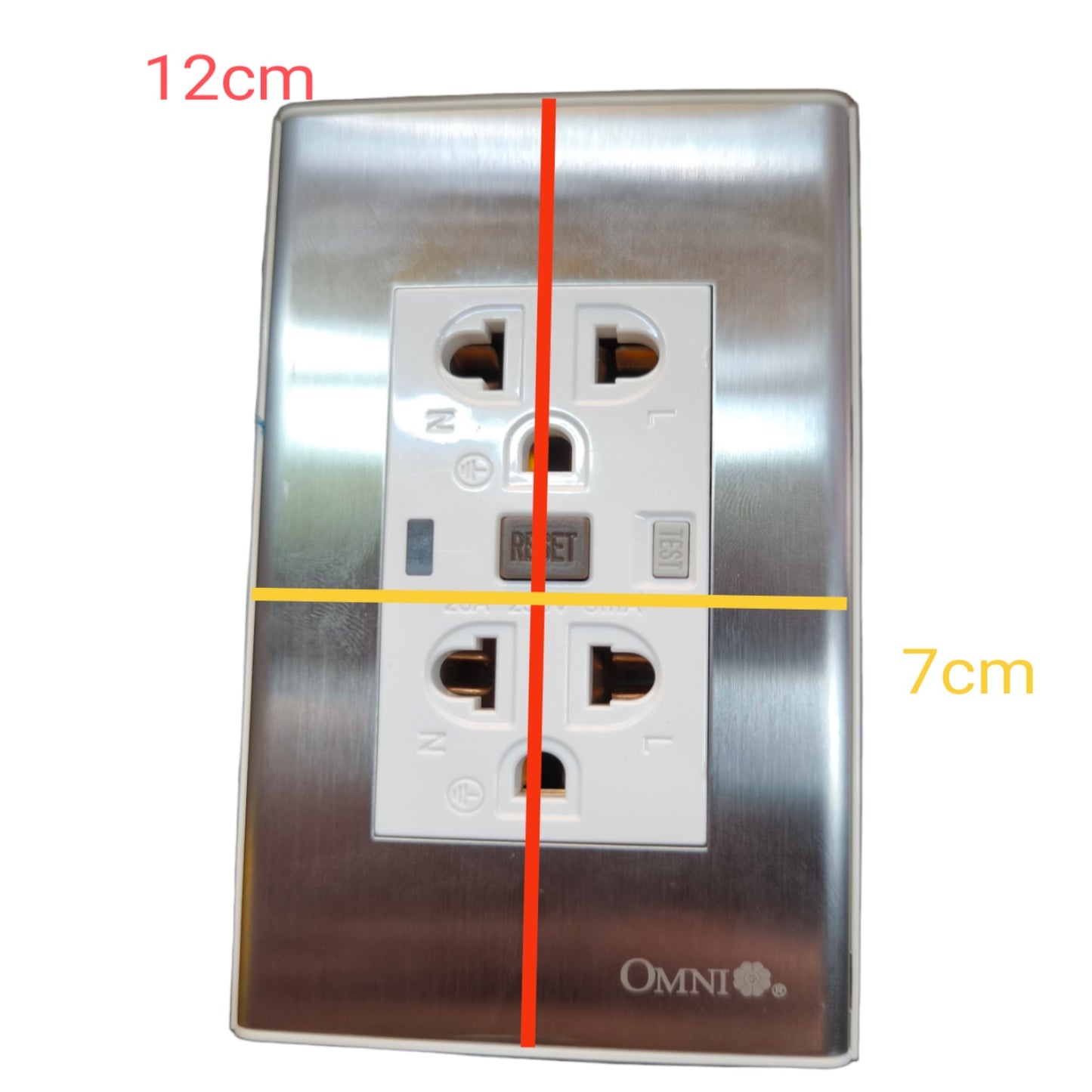 A stainless steel wall outlet cover plate with a white center socket insert, overlaid with red and yellow dimension lines and text showing 12cm and 7cm measurements. The brand name OMNI is visible at the bottom.