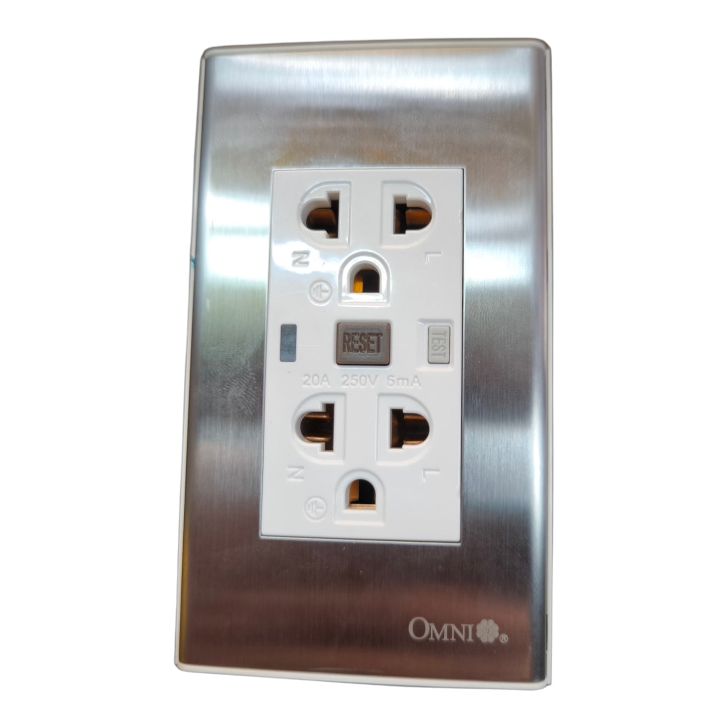 An OMNI brand brushed stainless steel wall outlet cover plate with a white center insert and four outlets, shown on a plain white background.