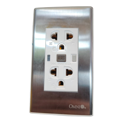 An OMNI brand brushed stainless steel wall outlet cover plate with a white center insert and four outlets, shown on a plain white background.