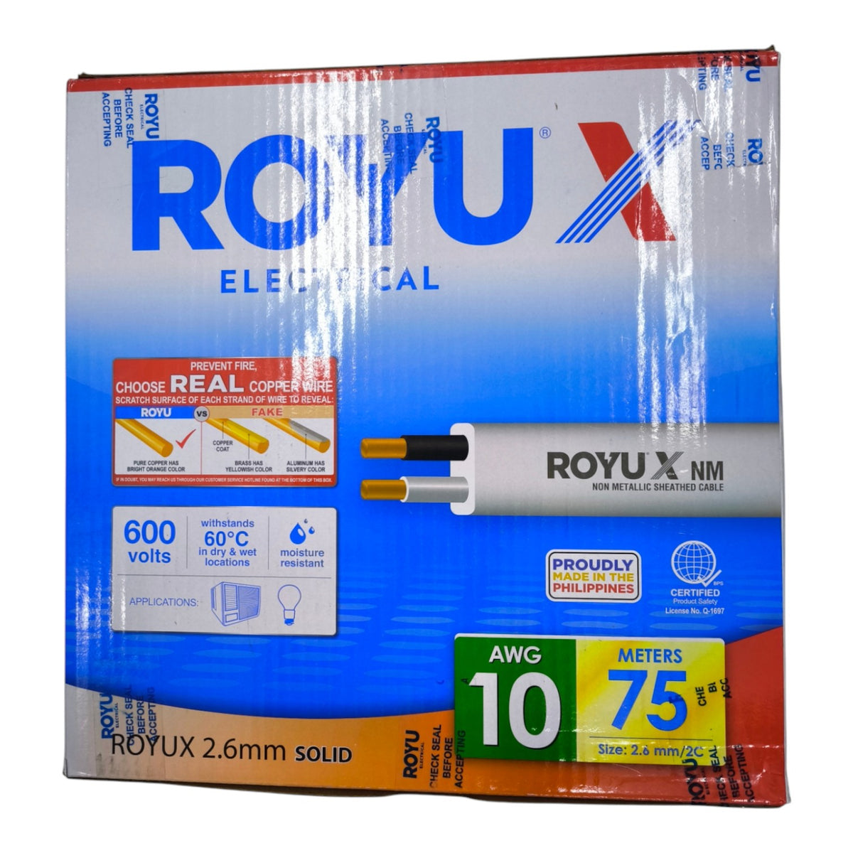 A box of ROYUX NM 10 AWG solid copper wire, featuring a blue and white design with red and orange accents, and product specifications printed on the front.