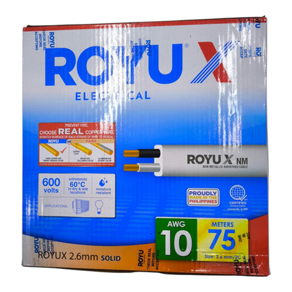 A box of ROYUX NM 10 AWG solid copper wire, featuring a blue and white design with red and orange accents, and product specifications printed on the front.