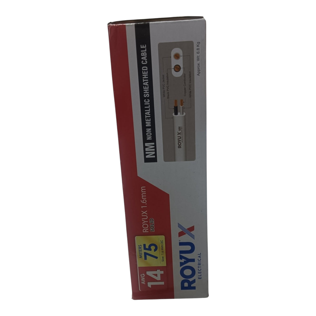 A box of ROYU X ROYU X Electrical NM Non-Metallic Sheathed Cable, model ROYUX 1.5mm, with a silver and red design and a yellow size label, shown on a white background.