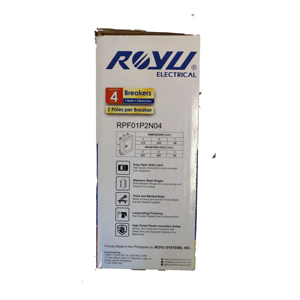 A tall white cardboard product box for ROYu Electrical 4 Breakers, model RPF01P2N04, featuring blue branding and technical specifications printed on the front.