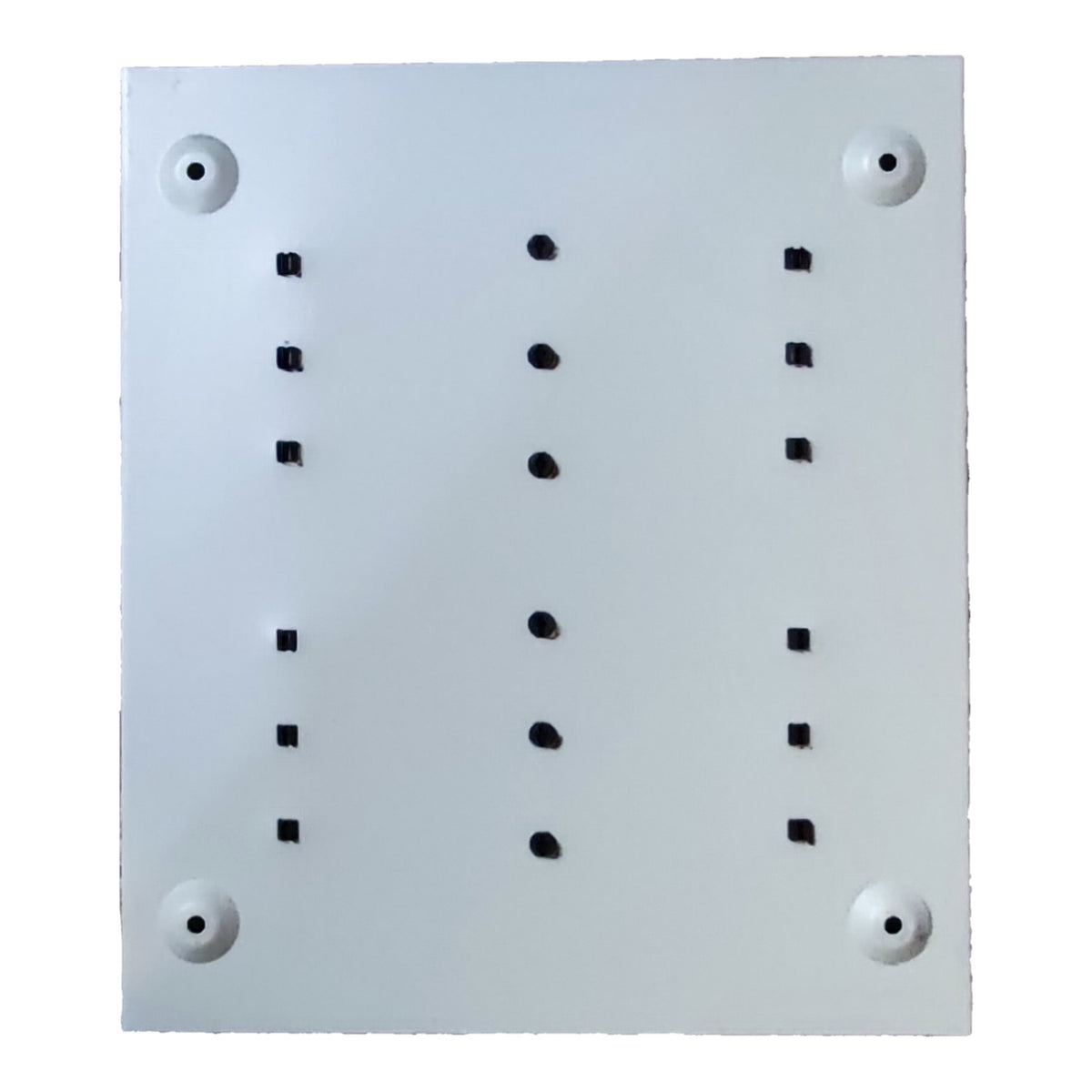 A square white mounting plate or panel with four circular screw holes in the corners and a grid of small black dots and squares printed in the center, shown on a plain white background.