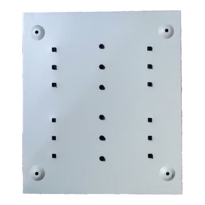A square white mounting plate or panel with four circular screw holes in the corners and a grid of small black dots and squares printed in the center, shown on a plain white background.